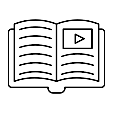 This is a black and white vector image of a book with a "play" symbol in it (like the YouTube symbol).