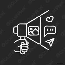 This is a black and white vector image of a bullhorn. Four symbols come out: an image, text bubble, paper airplane, and a heart.